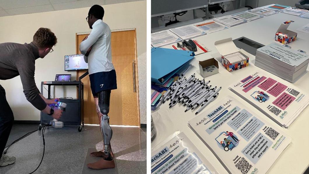 Left: Two people are testing something through a computer monitor; right: some leaflets and pens on the table.