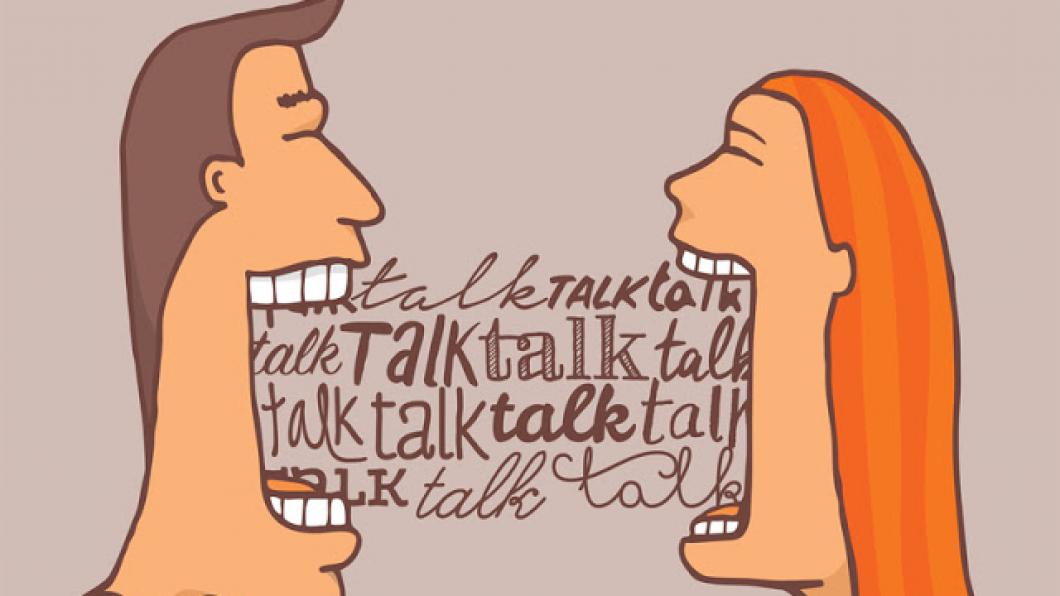 Cartoon image of a man and a woman with words coming out of their mouths