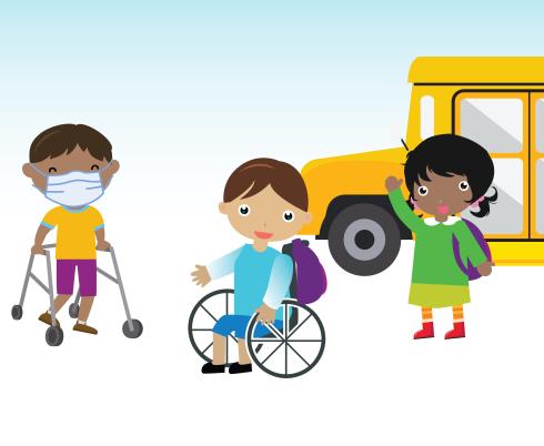 children wearing masks in front of a school bus