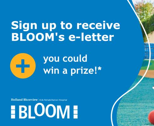 Smiling older child piggybacking younger child with message to sign up for BLOOM's e-letter for a chance to win a prize.