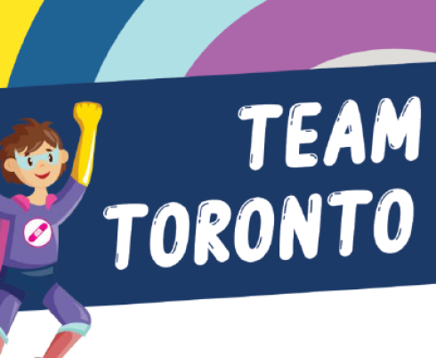 Team Toronto Kids poster for children's vaccine clinics at Holland Bloorview feature the animated character of a young boy who is a superhero