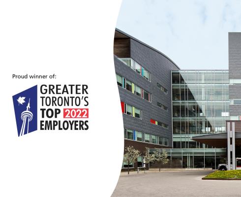 Logo for GTA's Top Employer for 2022 against photo of the exterior of Holland Bloorview