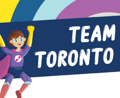 Team Toronto Kids poster for children's vaccine clinics at Holland Bloorview feature the animated character of a young boy who is a superhero