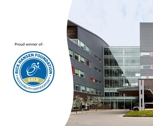 Rick Hansen Foundation Accessibility Gold Certification™ logo beside a photograph of Holland Bloorview's building