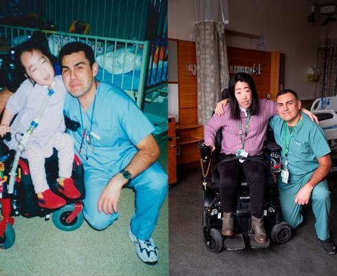 Two photos: in the left photo having a child in a wheelchair and an adult hospital staff, in the right photo an adult on a wheelchair and a hospital staff