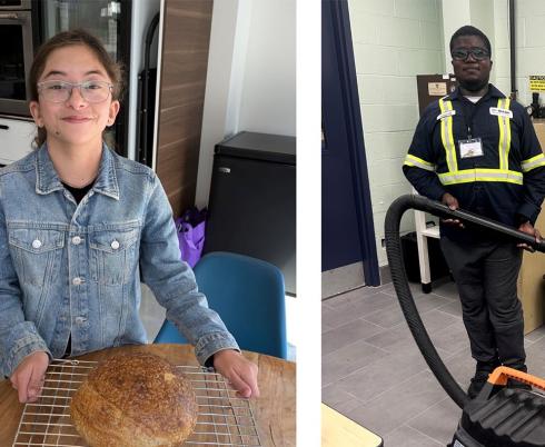 Banner of two photos: Annie (left) and Isaiah (right) smiling at work.