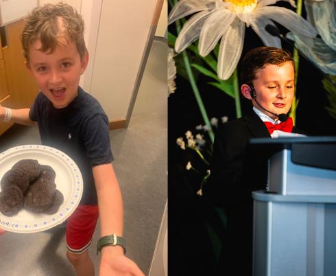 A young boy smiles excitedly while showing off a plate of cookies. In a side-by-side photo, the boy stands at a podium making a speech.