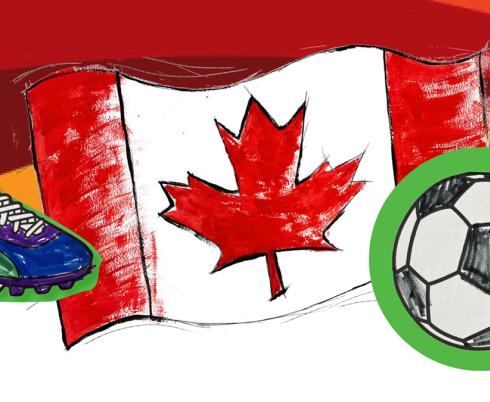A drawing of Canada flag, a soccer boot and a soccer