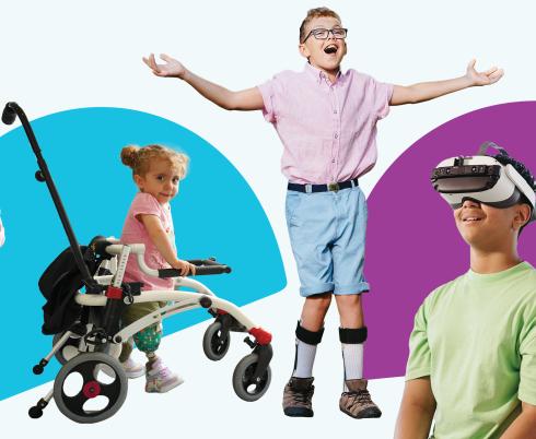 graphic of children, one in a mobility device, one wearing a VR headset and one with arms raised