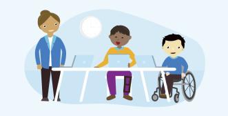 3 people are positioned behind a desk. One person is standing and 2 people are seated, everyone has a open laptop in front of them