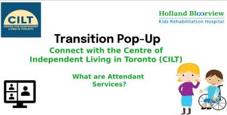 A banner featuring  the title of the event and 'Connect with the Centre of Independent Living in Toronto  ' surrounded by cartoon images of people, a computer, the CILT logo and the Holland Bloorview logo. 