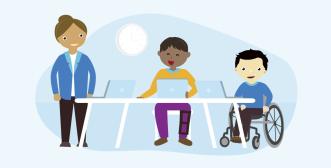 3 people are positioned behind a desk. One person is standing and 2 people are seated, everyone has a open laptop in front of them