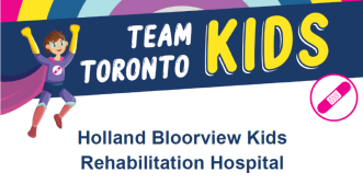 A cartoon image of a child in a cape sits to the right of a blue banner reading Team Toronto Kids.
