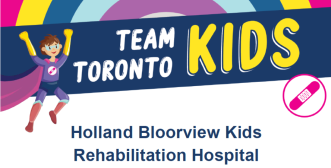 A cartoon image of a child in a cape sits to the right of a blue banner reading Team Toronto Kids.