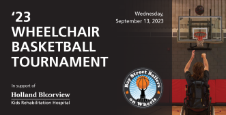 Banner for Bay St Ballers tournament with a teen in a wheelchair shooting a basketball at the net.