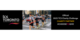 TCS Toronto Waterfront Marathon branding. Black background. A group of runners dressed up as the TTC bus running on a street in Toronto. Official 2025 TCS Charity Challenge Charity Partner with Choose TO Run below.