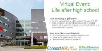 The title of the workshop beside a photo of the Holland Bloorview Kids Rehab Hospital building from the outside